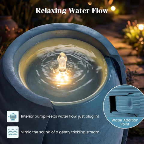 Close-up of 32 Inch Outdoor Jar Water Fountain With LED Lights, Vintage Blue Cracked Jar Design, illuminating bubbling water flow