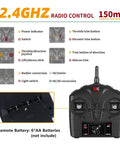 2.4GHZ remote control for P51 Mustang 4 Channel RC Airplane with directional controls and battery requirements shown