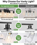Comparison of Sleek Matte Black Four Light Bathroom Vanity Wall Lamp With Thick Clear Glass Shades and regular models, highlighting materials and features.