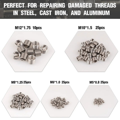 Marvelity Premium helicoil thread repair kit; metal inserts M5–M12, counts M12 10, M10 25, M8 25, M6 25, M5 25.