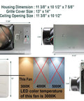 Whisper Quiet 120 CFM Bathroom Exhaust Fan With 0.3 Sone Noise 2700K LED Light Ceiling Opening diagrams and dimensions