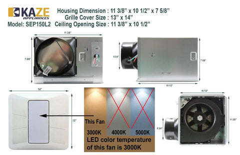 Whisper Quiet 120 CFM Bathroom Exhaust Fan With 0.3 Sone Noise 2700K LED Light Ceiling Opening diagrams and dimensions