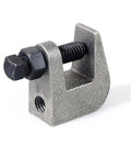 Close-up iron top beam clamp with UNC 3/8 in screw and 3/4 in jaw opening for pipe support