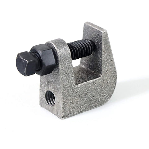 Close-up iron top beam clamp with UNC 3/8 in screw and 3/4 in jaw opening for pipe support