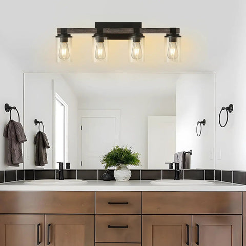 Rustic Black Four Light Vanity Wall Light Sconces For Bathroom Over Mirror Wood Finish Industrial Vintage Look Ideal For Bedroom Hallway And Kitchen Modern Upgrade installed above bathroom mirror