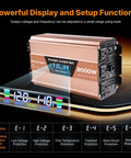 2000 Watt Pure Sine Wave Power Inverter 4000 Watt Peak Converter with LCD display showing output voltage and status.