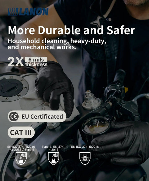Black Nitrile Disposable Gloves 6 Mil Heavy Duty With Grippy Textured Fingertips, Powder Free, Latex Free, Food Safe, Oil And Light Solvent Resistant, Medium used on motorcycle mechanical work.
