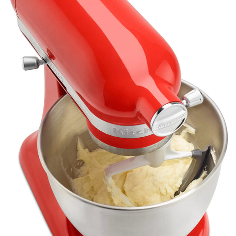 3.5 Quart Tilt-Head Flex Edge Beater With Nylon Coated Scraper in red stand mixer with batter
