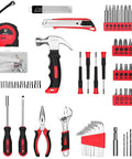 Red 8V Cordless Drill Set With 126-Piece Hand Tool Kit For Women, Lightweight DIY Power Tool Bundle Perfect For Home Projects, Wood And Plastic Drilling, Variable Speed Up To 800 RPM, Includes Bit Set And Case. 126-piece red tool kit with drill bits, screwdrivers, wrench, pliers, hammer, tape measure, and case