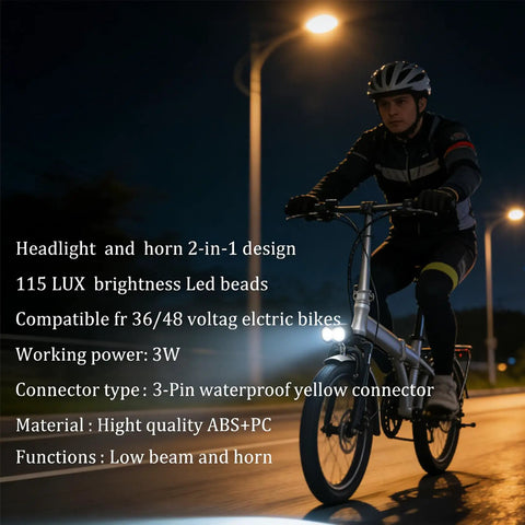 Cyclist using Front Light With Horn For E Bikes 115 Lux Bright LED Headlight 75 To 100 dB Horn at night