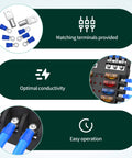 Detailed view of 12 Way Fuse Block With LED Indicator, 12V Blade Fuse Box, shows matching terminals and easy operation features.