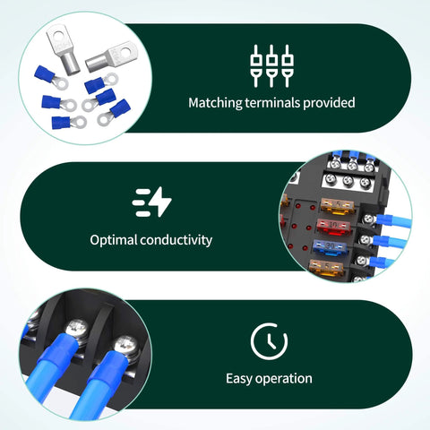 Detailed view of 12 Way Fuse Block With LED Indicator, 12V Blade Fuse Box, shows matching terminals and easy operation features.