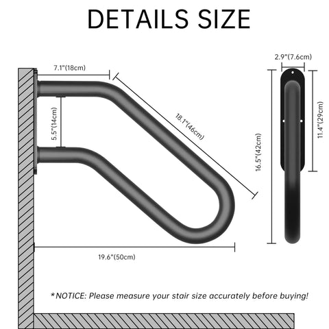 Built Different Heavy Duty U Shaped Safety Handrail For Outdoor Steps And Indoor Porch Metal Wall Mount Rail dimensions diagram