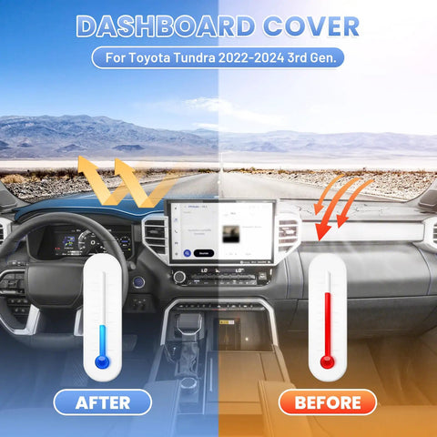 Comparison of Toyota Tundra interior with and without Dash Cover For Toyota Tundra 2022 2023 2024 2025 2026 With Nonslip Mesh Sunshade Dashboard Protector No Glare UV Shield Easy Fit Interior Pro Style Upgrade.