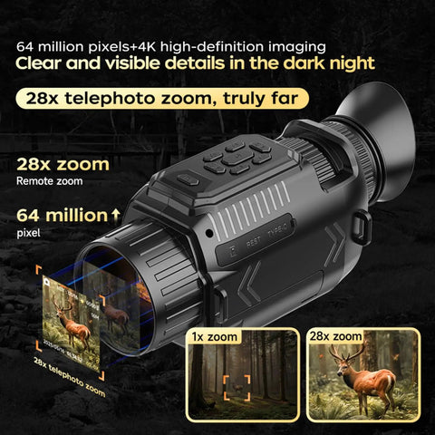 Thermal Imaging Monocular Night Vision Telescope With 64MP 28X Zoom, 4K Video, showcasing zoom feature and wildlife detail.