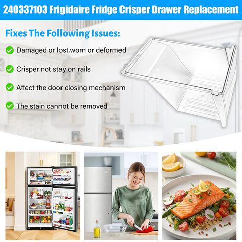 Image showing 240337103 Frigidaire fridge crisper drawer replacement with features for 2 Pack Upgraded Refrigerator Crisper Drawers Bins Replacement For Frigidaire And Kenmore Heavy Duty Food Grade Eco Friendly Smooth Glide Veggie And Produce Storage Fits 240337103 240337102.