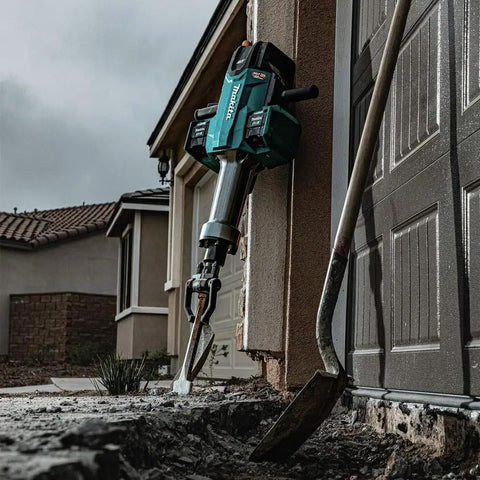 Badass Heavy Duty Eighty Volt Brushless Cordless Breaker Hammer displaying knockout chisel, set against a concrete slab.
