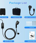 Package list for Top Tier Level 2 EV Charger, includes 40A EV charger, control box holder, portable EV bag, and accessories.