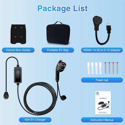 Package list for Top Tier Level 2 EV Charger, includes 40A EV charger, control box holder, portable EV bag, and accessories.