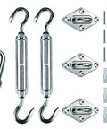 Heavy Duty Triangle Shade Sail Hardware Kit In Stainless Steel For Easy Deck Garden Patio Installation With 8 Inch Turnbuckles And Pad Eyes Durable Sun Shade Accessories displaying turnbuckles, pad eyes, snap hook, screws, and spacers.