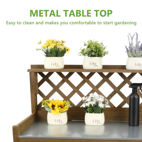 Outdoor Fir Wood Potting Bench With Metal Table Top Drawer Large Bottom Shelf And Open Shelf Garden Work Station with plants
