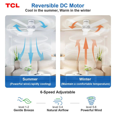 Diagram of 52 Inch Ceiling Fan with Dope Reversible Blades showing summer and winter airflow control with 6-speed DC motor.