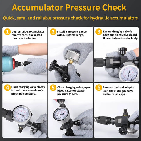 Pro Grade Hydraulic Nitrogen Accumulator Filling Kit With 3 Pressure Gauges And 7 Adapters step-by-step pressure check guide