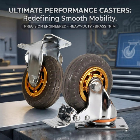 Heavy Duty Rock Solid Rubber Caster Wheels Set Of 4 For Home Furniture And Storage Carts 600 Lbs Max Capacity showing precision engineered design with brass trim.