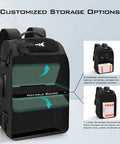 Go To Fishing Tackle Backpack With Rod Holder And 4 Tackle Boxes shown with adjustable storage compartments in black