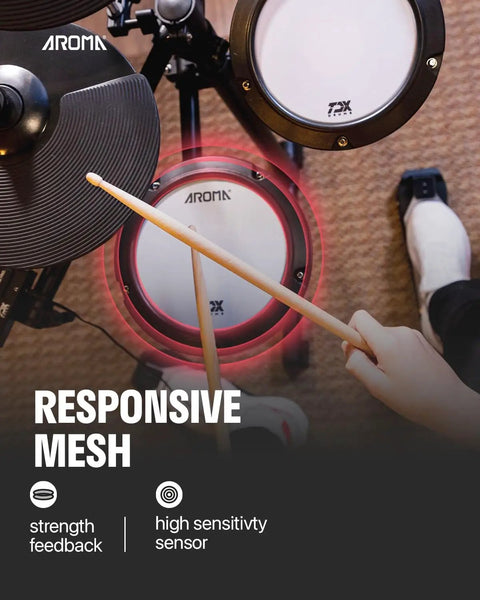 Top view of Electronic Drum Set With 4 Quiet Mesh Pads And 2 Pedals Portable Solid Build Bluetooth Ready in use with drumsticks.