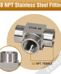 Three Eighths NPT Stainless Steel Tee Fitting 304 High Pressure Pipe Tee For Fluid And Air Lines, Female Inlets, Forged Construction
