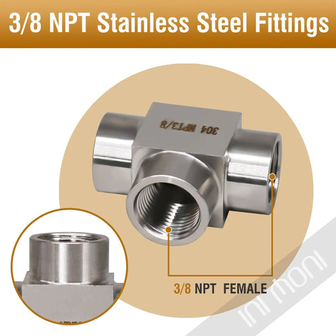 Three Eighths NPT Stainless Steel Tee Fitting 304 High Pressure Pipe Tee For Fluid And Air Lines, Female Inlets, Forged Construction