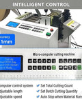 Professional Heavy Duty Electric Conduit And Automatic Heat Shrink Tube Cutter With A Beefy 300 Watt Motor Serving Up 6000 Crisp Cuts Per Hour And A Built In Cooling Fan For Bald Knuckle Free Workdays control panel with digital display and buttons.