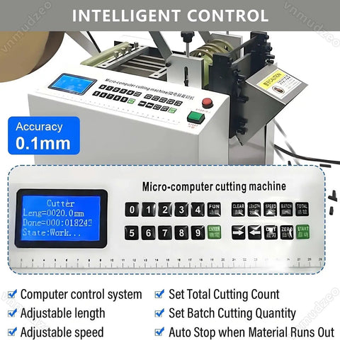 Professional Heavy Duty Electric Conduit And Automatic Heat Shrink Tube Cutter With A Beefy 300 Watt Motor Serving Up 6000 Crisp Cuts Per Hour And A Built In Cooling Fan For Bald Knuckle Free Workdays control panel with digital display and buttons.