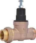 3/4 in brass pressure regulating valve with union ends and black top adjustment knob; front view.