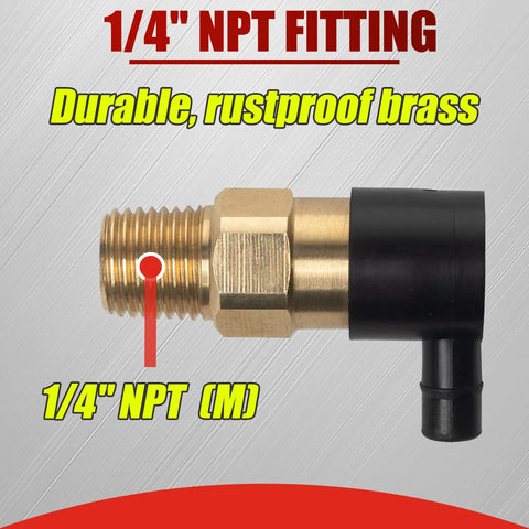 Brass thermal release valve fitting for pressure washer pump, 1/4 in NPT, black plastic body