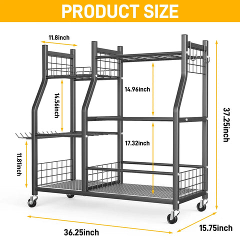 Heavy Duty Garden Tool Organizer With Lockable Wheels, Yard Tool Storage Rack dimensions, steel frame and three shelves