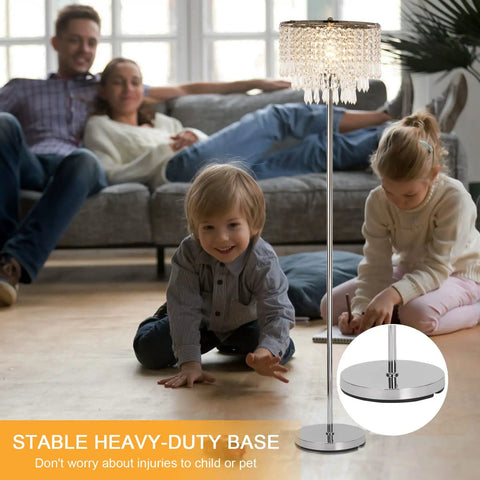 Three Layer K5 Crystal Floor Lamp With Sparkling Triper Layer Shade, Modern Chrome Finish Floor Light in family room setting
