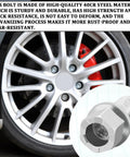 Car wheel with M14x1.5 Ball Seat Wheel Bolts and Lug Studs Set for quick wheel swaps, 27mm shank, chrome finish, close-up view.