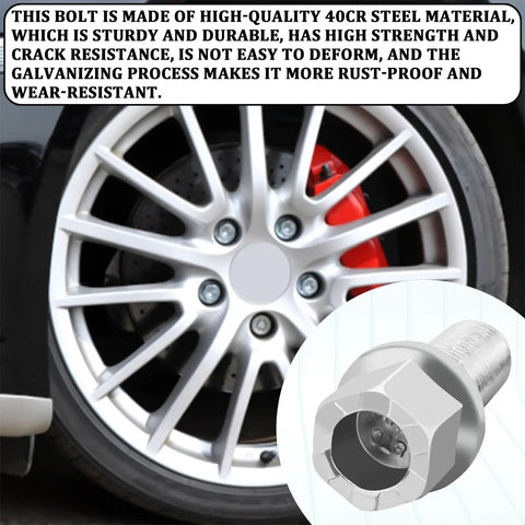 Car wheel with M14x1.5 Ball Seat Wheel Bolts and Lug Studs Set for quick wheel swaps, 27mm shank, chrome finish, close-up view.