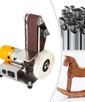 Mini Belt Sander Grinder With 7 Speed Adjustable Settings For Metal And Wood on a work table with sanding belt and polishing wheel.