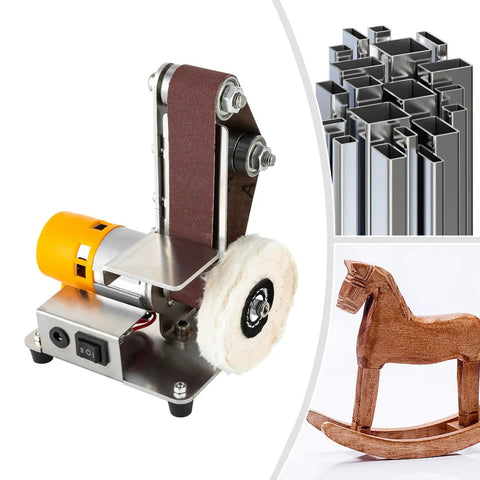 Mini Belt Sander Grinder With 7 Speed Adjustable Settings For Metal And Wood on a work table with sanding belt and polishing wheel.