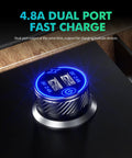 Grab And Go Dual Usb Car Charger With Fast Charge Ports Solid Cigarette Lighter Adapter showing dual USB ports with blue light.