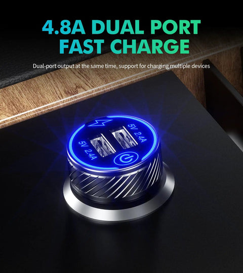 Grab And Go Dual Usb Car Charger With Fast Charge Ports Solid Cigarette Lighter Adapter showing dual USB ports with blue light.