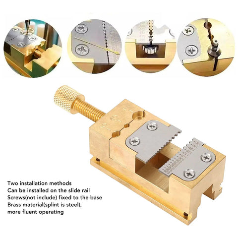 Close-up of Brass Watch Repair Vise Clamp Kit with 0.2-1.5mm Hole Range showing installation methods and brass build