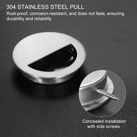 Round 304 stainless steel pull with side screw, part of Four Pack Recessed Door Handles Round Hidden Concealed Pulls 2.75 Inch Flush Finger Pulls