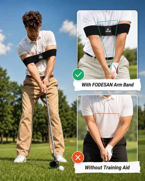 Golfer using Arm Band Golf Swing Trainer Game Changer for Better Connection, Tempo, and Consistency, indoor practice aid shown.