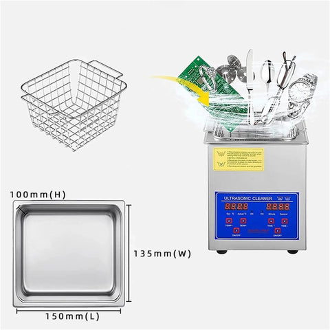 Heavy Duty 2L Ultrasonic Cleaner For Vinyl Records, Jewelry Watch And Glasses Cleaning, stainless steel tub with basket and controls.