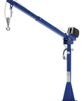 Rock Solid AC Powered Jib Crane Delivering 2000 Lb Capacity And Telescoping Boom with blue steel mast and cable winch.