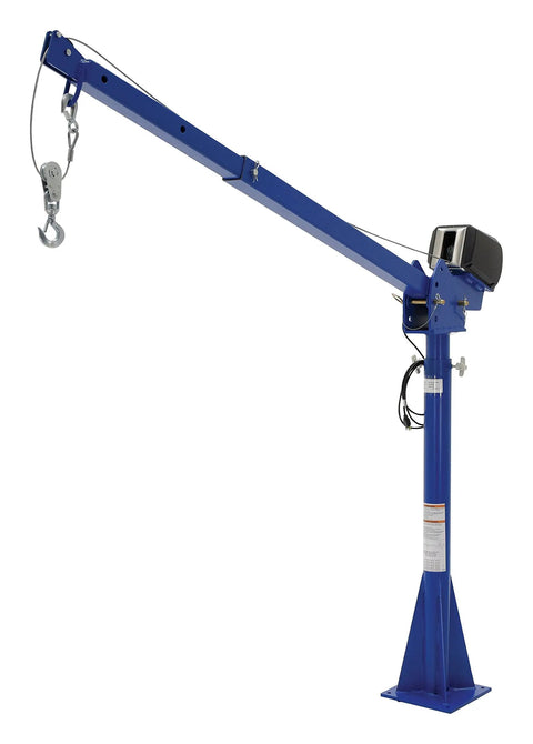 Rock Solid AC Powered Jib Crane Delivering 2000 Lb Capacity And Telescoping Boom with blue steel mast and cable winch.